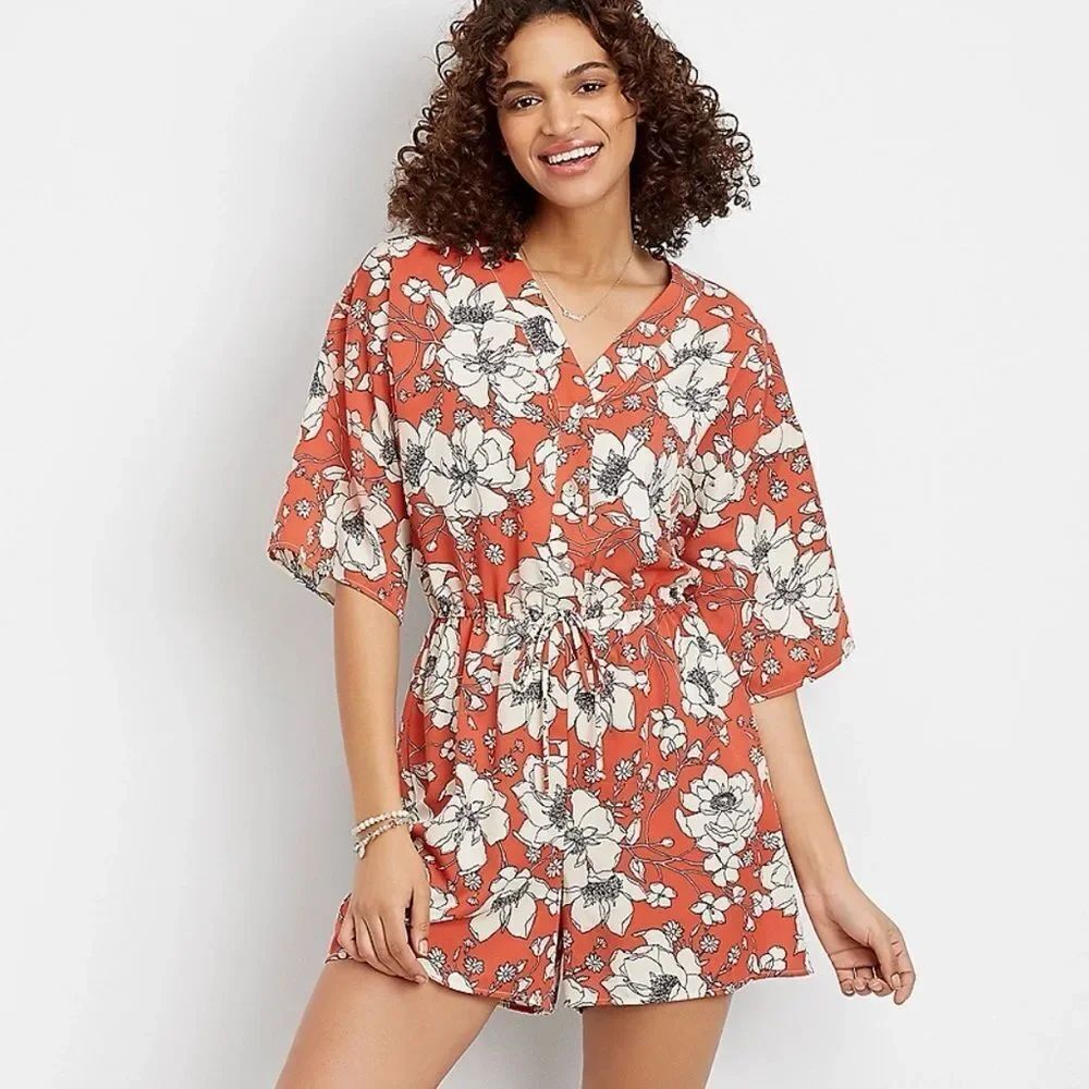 Maurices Orange Cream Floral Short Sleeve Drawstring Waist Romper NEW